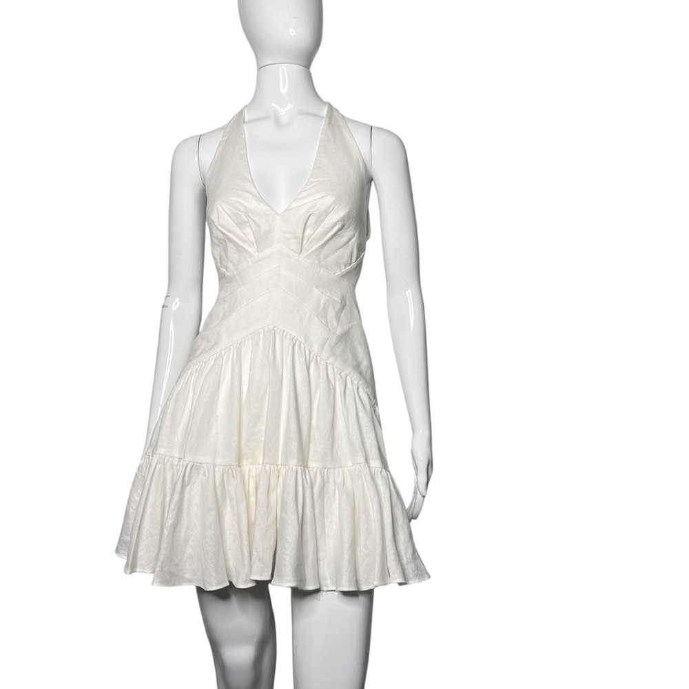 Zimmermann Postcard Ivory Linen V-Neck Tiered Ruffled Halter Mini Dress Size M